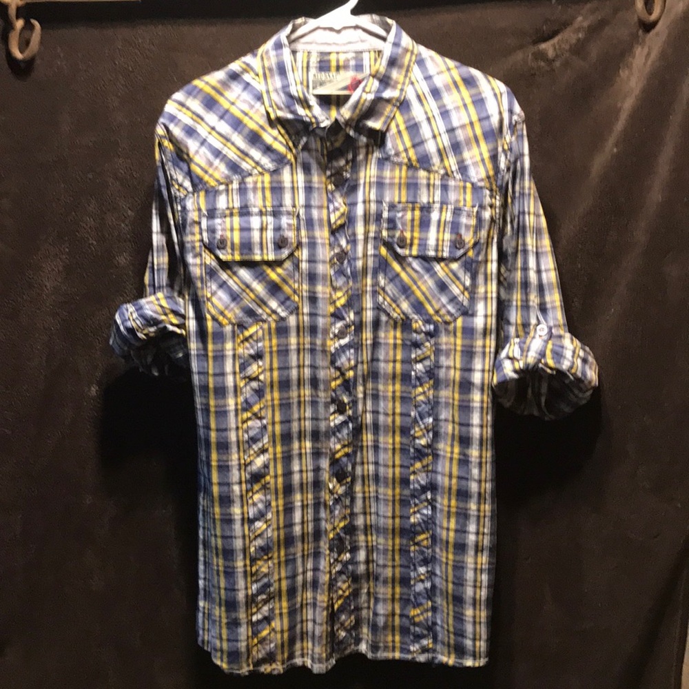 Red Snap size large blue and yellow plaid shirt